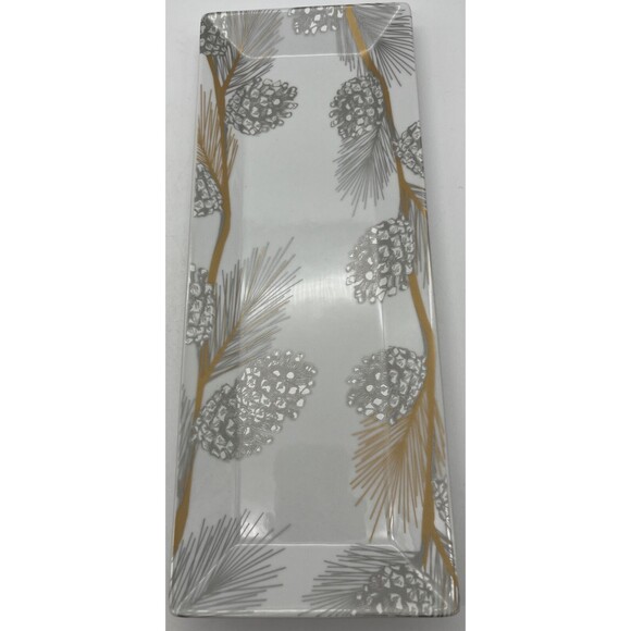 St Nicholas Square Rectangle Dish Silver Pine cones Gold Winter Christmas - Picture 1 of 3
